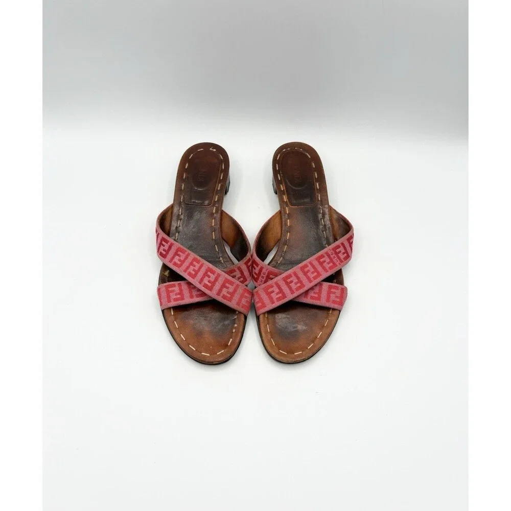 Fendi Brown Leather Sandals w/ Pink FF Logo Zucca Print Strap Vintage Size EU 37